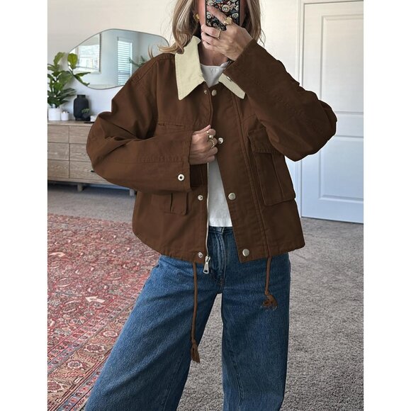 Women Coffee Cropped Utility Cargo Coat Contrast Collar Barn Outwear - Picture 3 of 6